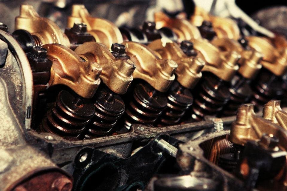 Close-up of an engine block and valves